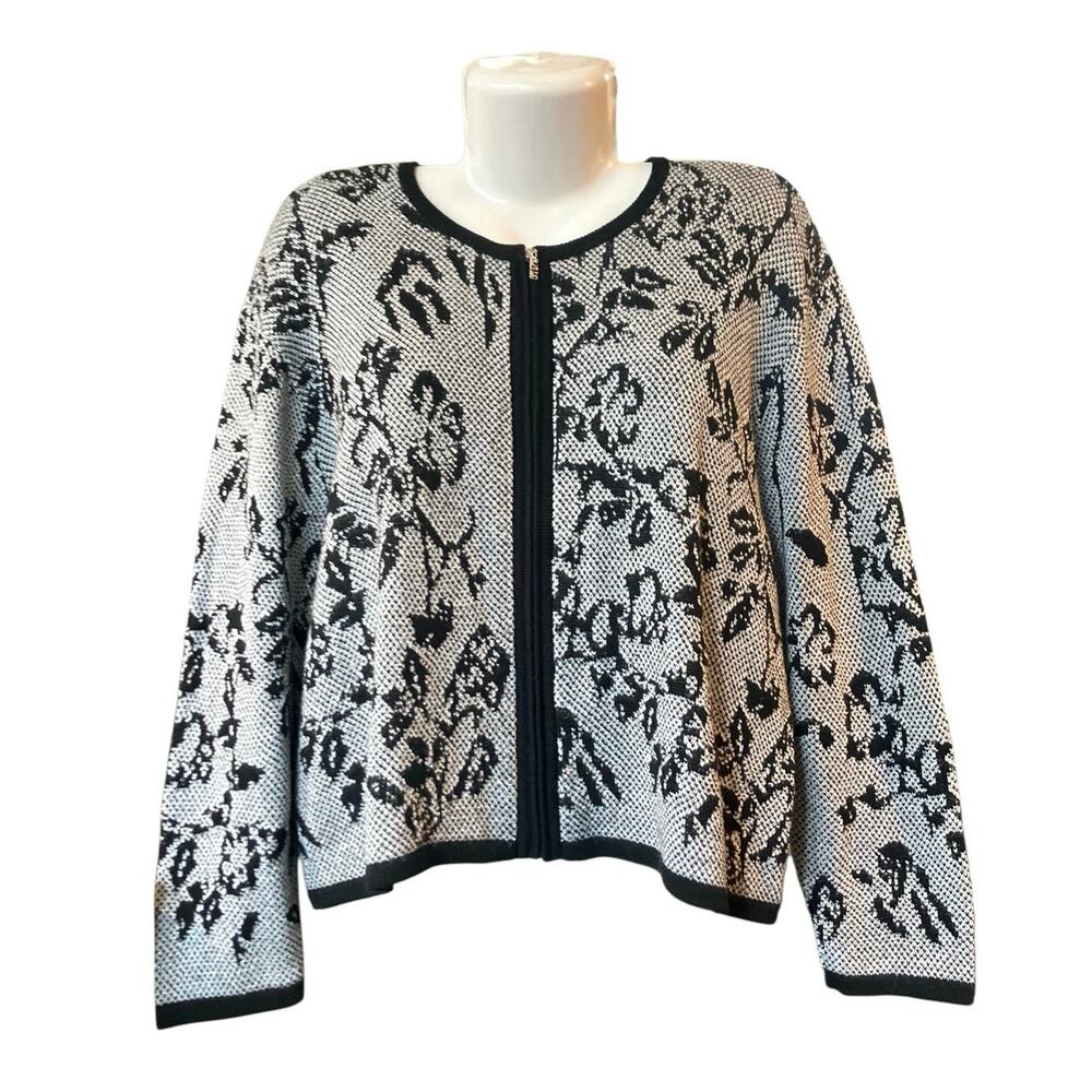 San Remo by Laura Knits Women's Black/Gray Full Zip Sweater Cardigan SZ XL VTG